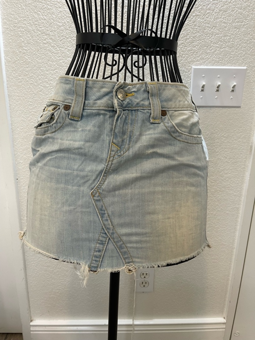 True Religion Light Wash Distressed Denim Mini Skirt
